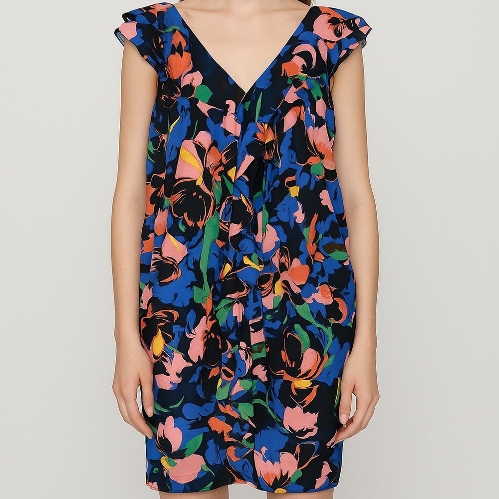 H&M Floral Ruffle V Neck Sleeveless Dress Women's Size 4 Blue Pink Green